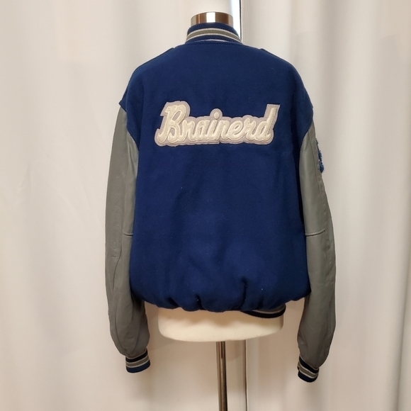 Vintage 90s Varsity Letterman High-school 2 Tone Wool Leather Bomber Jacket Lg - Picture 8 of 13
